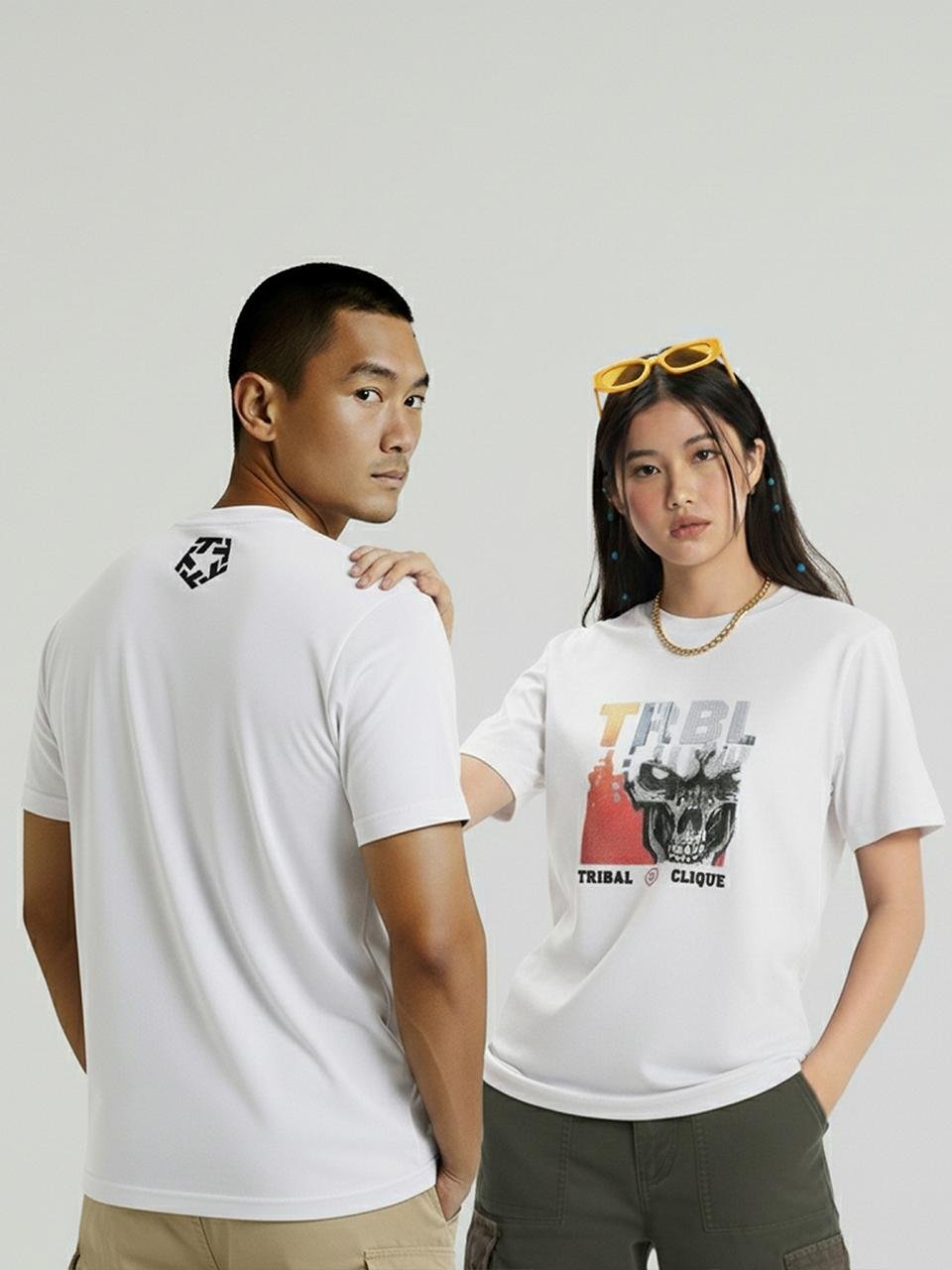 Tribal Skull Graphic Tee, white Tee, couple 2