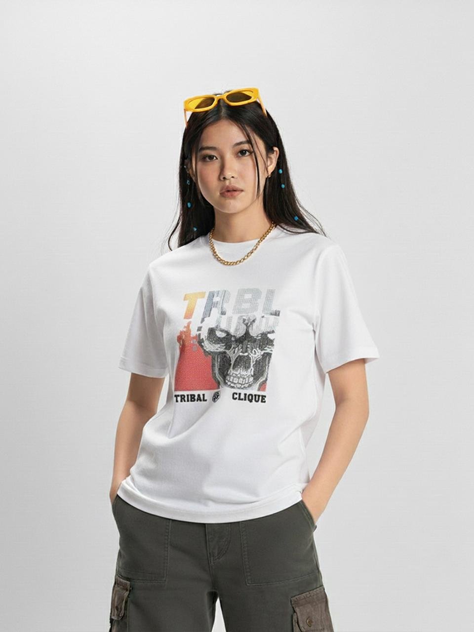 Tribal Skull Graphic Tee, white Tee, female